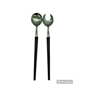 Vintage 2 Pc Salad Serving Set Sleek Wood Handle Mid Century Stainless Japan